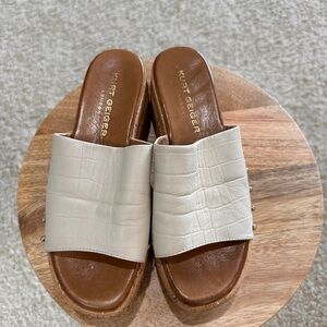 Kurt Geiger London Cream Croc-Embossed Studded Slide Platform Wedge Heel Size 38